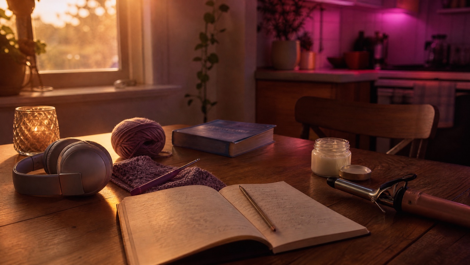 Kristina's dining table with song lyrics, headphones, yarn and a curling iron